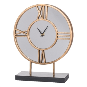 15 Inch Modern Table Clock- Round Mirrored Frame- Gold Metal Accent Trim