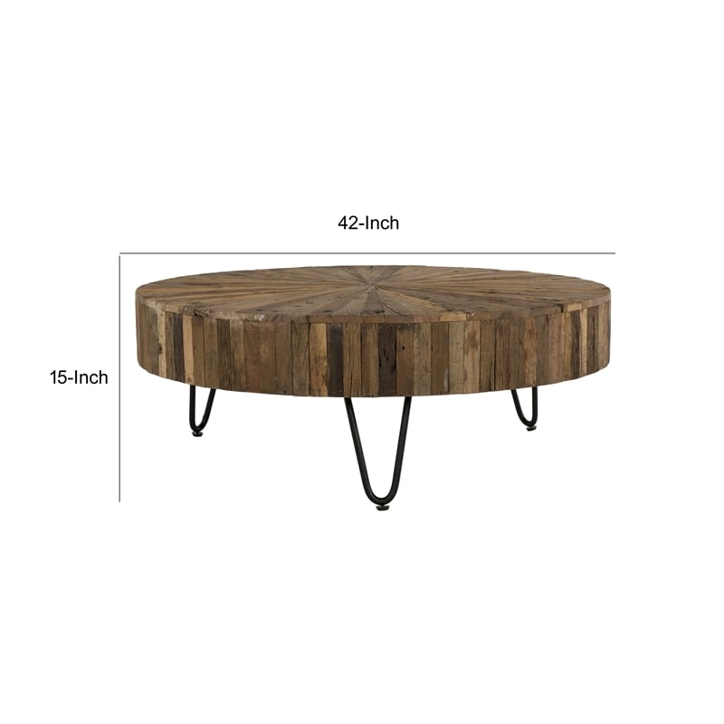 Zoro 42 Inch Coffee Table- Reclaimed Wood- Hairpin Legs- Brown and Black