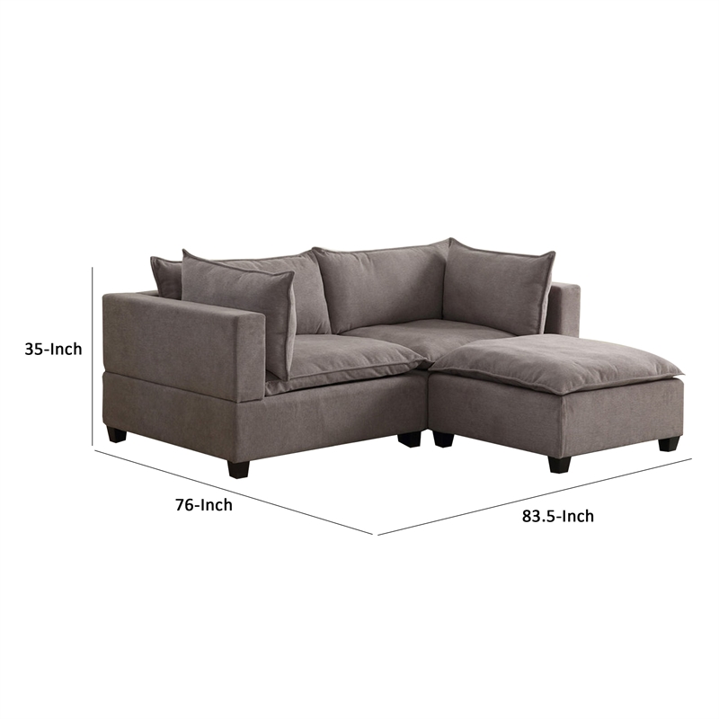 Amato 84 Inch Modern Sectional Arm Loveseat and Ottoman Set- Gray Fabric