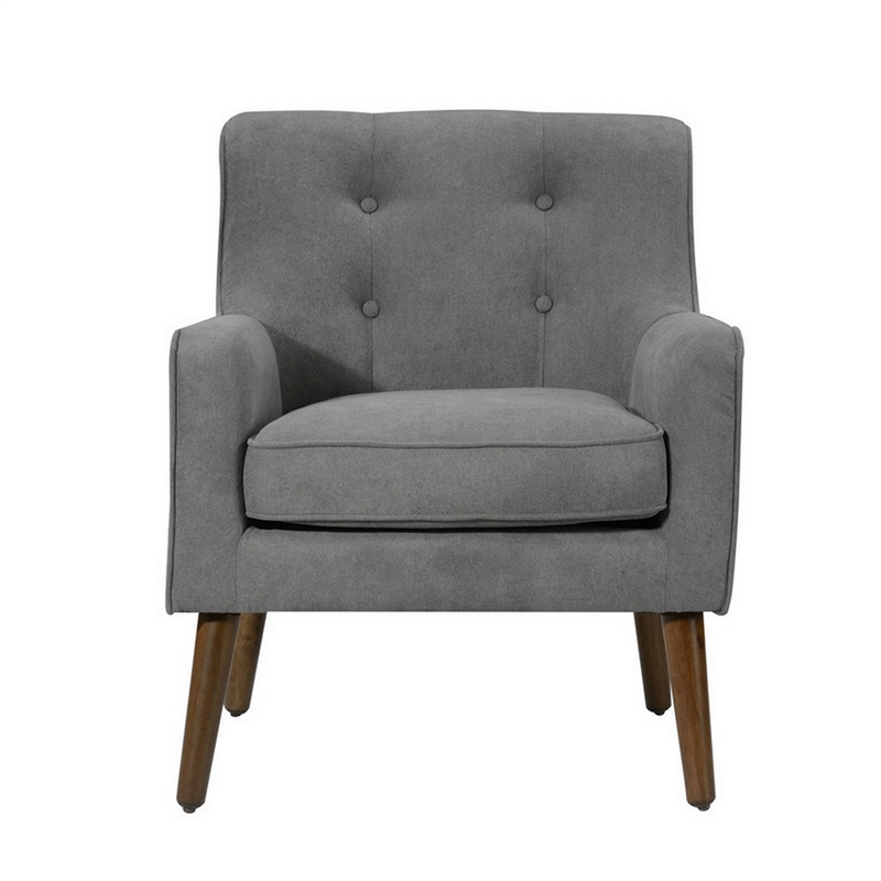 Kina 28 Inch Accent Chair- Gray Fabric- Button Tufted- Angled Wood Legs