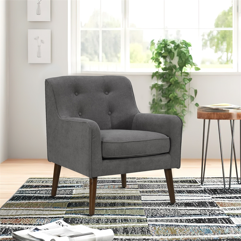 Kina 28 Inch Accent Chair- Gray Fabric- Button Tufted- Angled Wood Legs