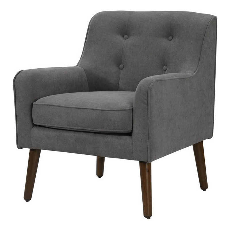 Kina 28 Inch Accent Chair- Gray Fabric- Button Tufted- Angled Wood Legs