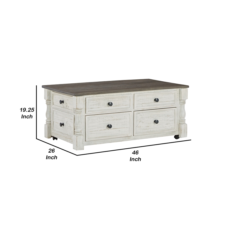 46 Inch Rectangular Lift Top Coffee Table- Faux Drawer Front- White- Brown