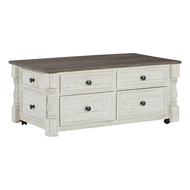 46 Inch Rectangular Lift Top Coffee Table- Faux Drawer Front- White- Brown