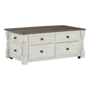 46 Inch Rectangular Lift Top Coffee Table- Faux Drawer Front- White- Brown