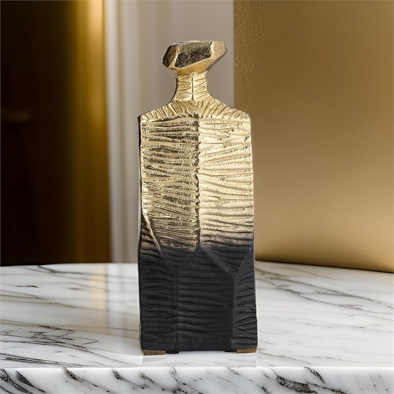 Kaya 9 Inch Classic Accent Metal Vase- Square Body- Narrow Top- Gold- Black
