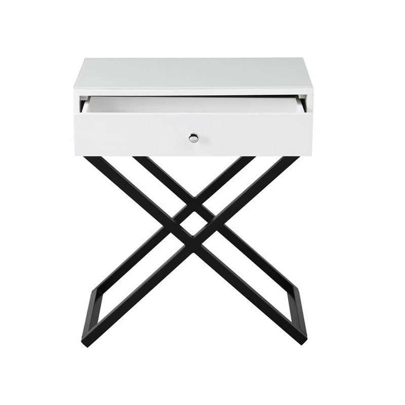Zeno 27 Inch 1 Drawer Nightstand- Glass Top- Black Metal Cross Legs- White