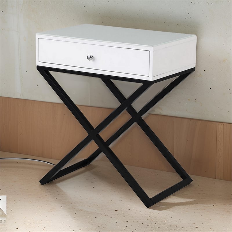 Zeno 27 Inch 1 Drawer Nightstand- Glass Top- Black Metal Cross Legs- White