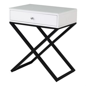 Zeno 27 Inch 1 Drawer Nightstand- Glass Top- Black Metal Cross Legs- White