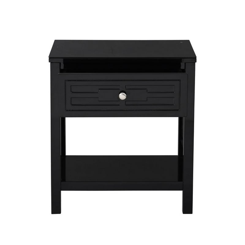 Fimo 27 Inch Nightstand with Drawer and Shelf- Glass Top- Modern Black Wood