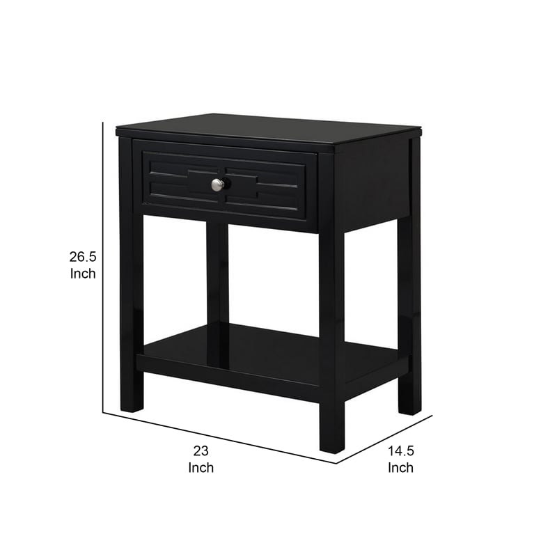 Fimo 27 Inch Nightstand with Drawer and Shelf- Glass Top- Modern Black Wood