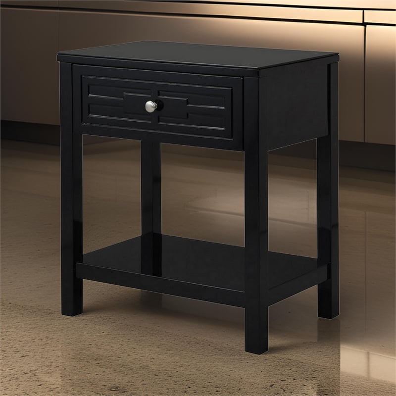 Fimo 27 Inch Nightstand with Drawer and Shelf- Glass Top- Modern Black Wood