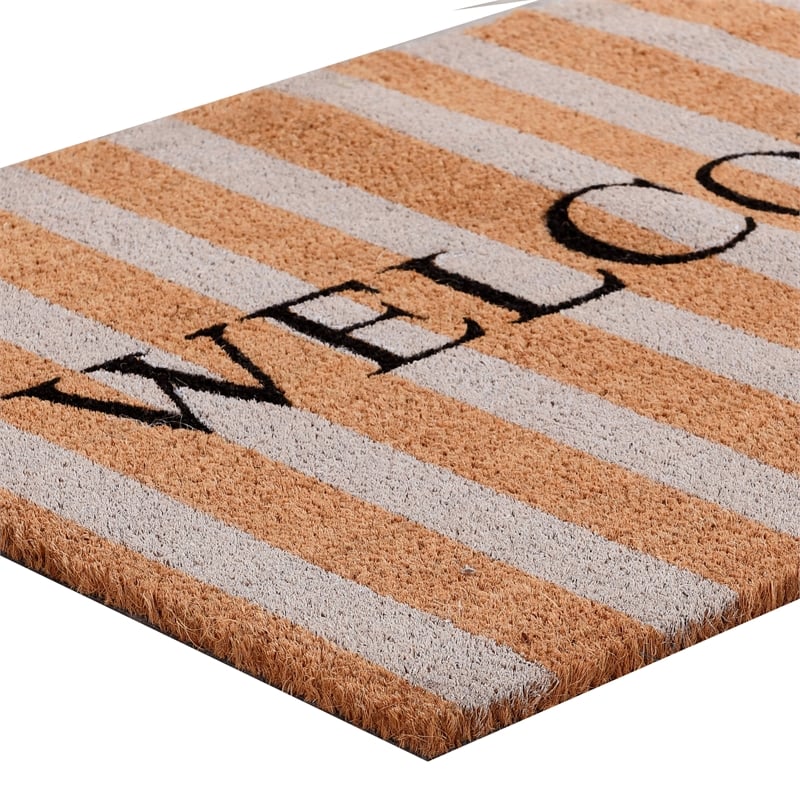 Oy 24 x 36 Coir Welcome Doormat- Hand Screen Print- Brown and Ivory Stripes