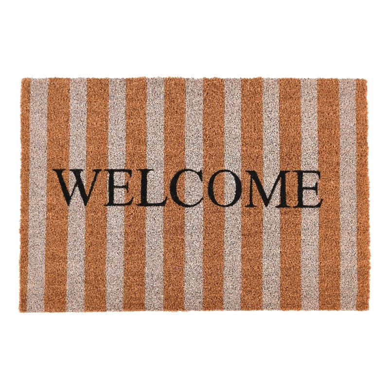 Oy 24 x 36 Coir Welcome Doormat- Hand Screen Print- Brown and Ivory Stripes