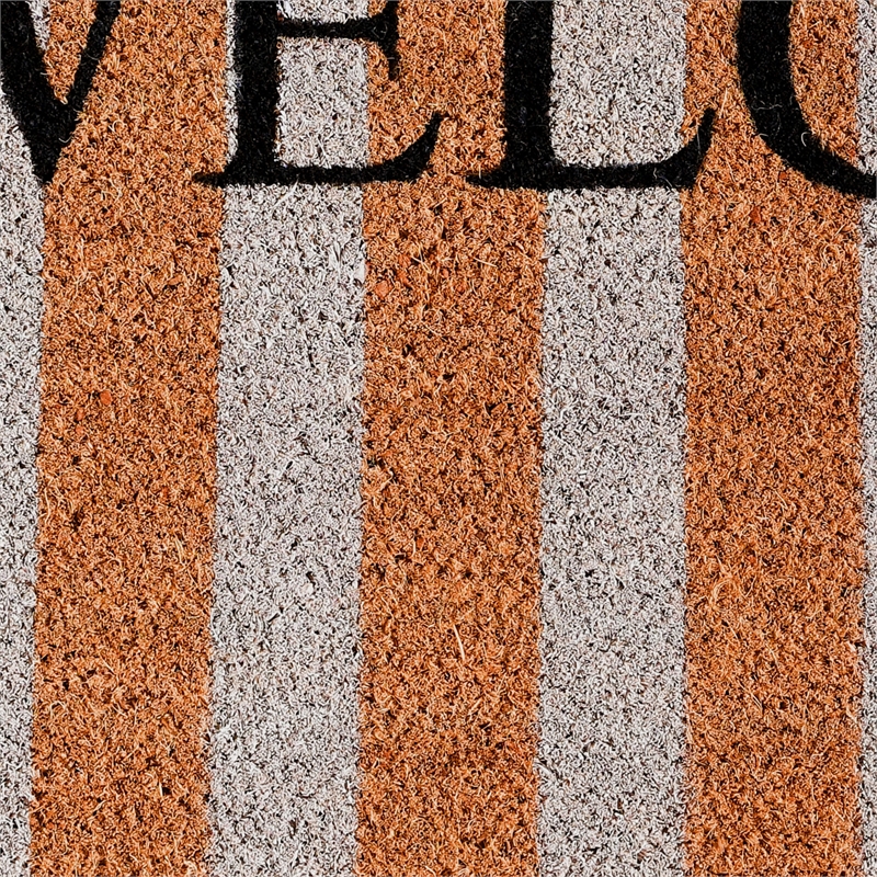 Oy 24 x 36 Coir Welcome Doormat- Hand Screen Print- Brown and Ivory Stripes