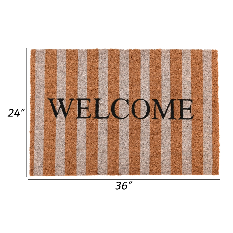 Oy 24 x 36 Coir Welcome Doormat- Hand Screen Print- Brown and Ivory Stripes