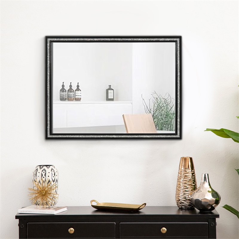 46 Inch Solid Wood Mirror- Shimmering Silver Accent- Landscape- Black