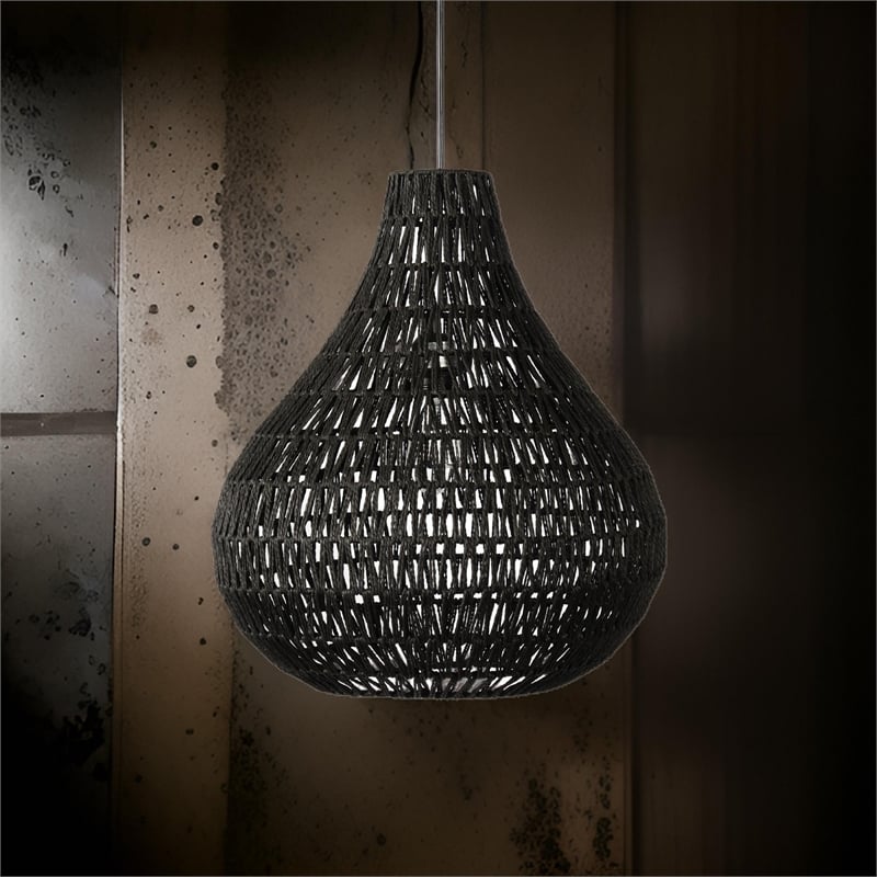 Boney 18 Inch Pendant Light- Woven Rope- Rounded Shape- Iron- Black