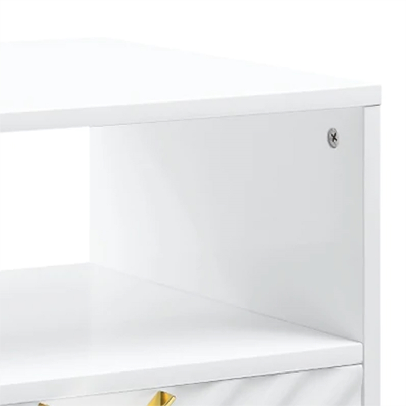 Tyra 22 Inch Wood End Table with Open Space- Wave Pattern- White- Gold