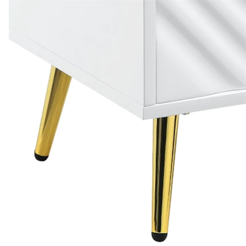 Tyra 22 Inch Wood End Table with Open Space- Wave Pattern- White- Gold