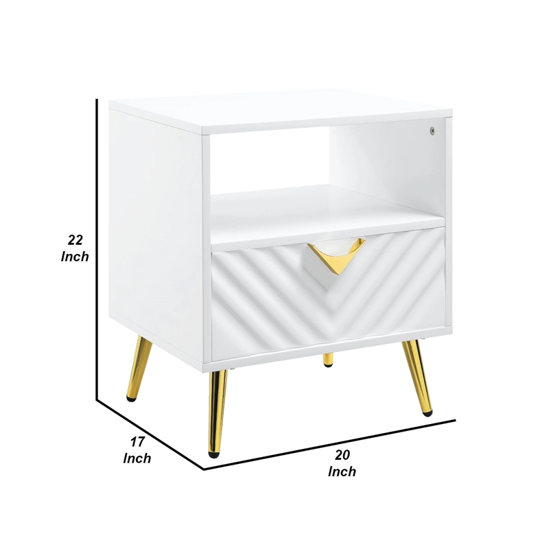 Tyra 22 Inch Wood End Table with Open Space- Wave Pattern- White- Gold