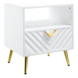 Tyra 22 Inch Wood End Table with Open Space- Wave Pattern- White- Gold