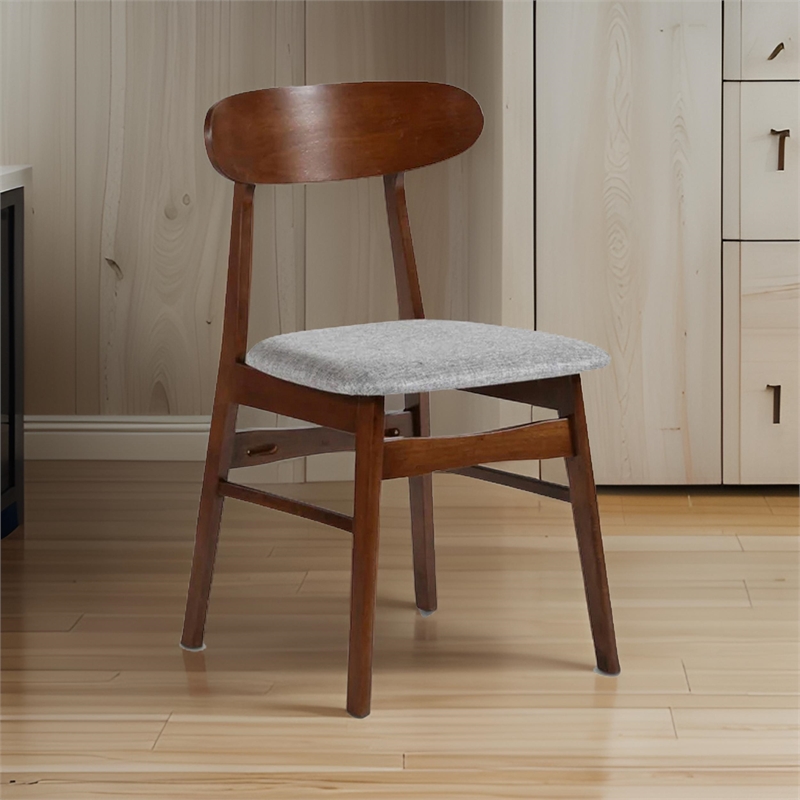 Bev 20 Inch Set of 2 Dining Chairs- Gray Cushions- Dark Brown Rubberwood