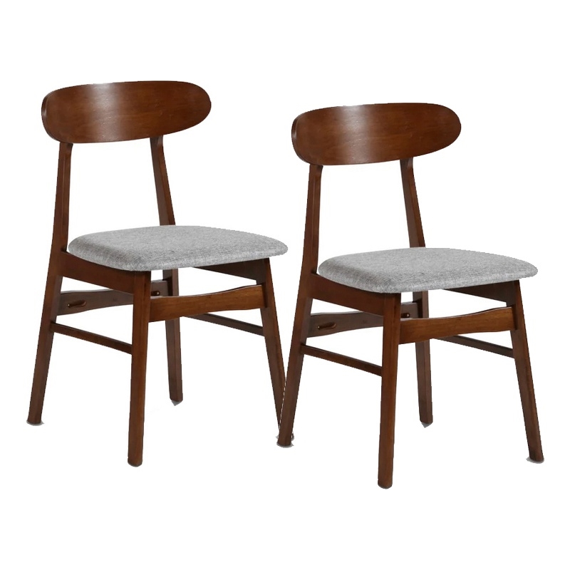 Bev 20 Inch Set of 2 Dining Chairs- Gray Cushions- Dark Brown Rubberwood