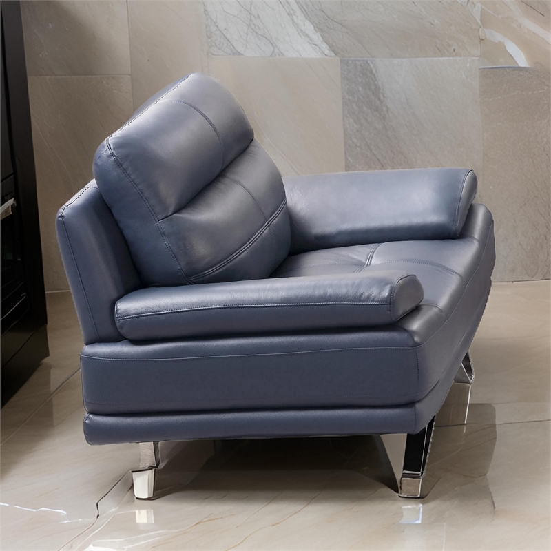 Reni 44 Inch Sofa Chair- Channel Tufted Navy Blue Soft Leather Upholstery