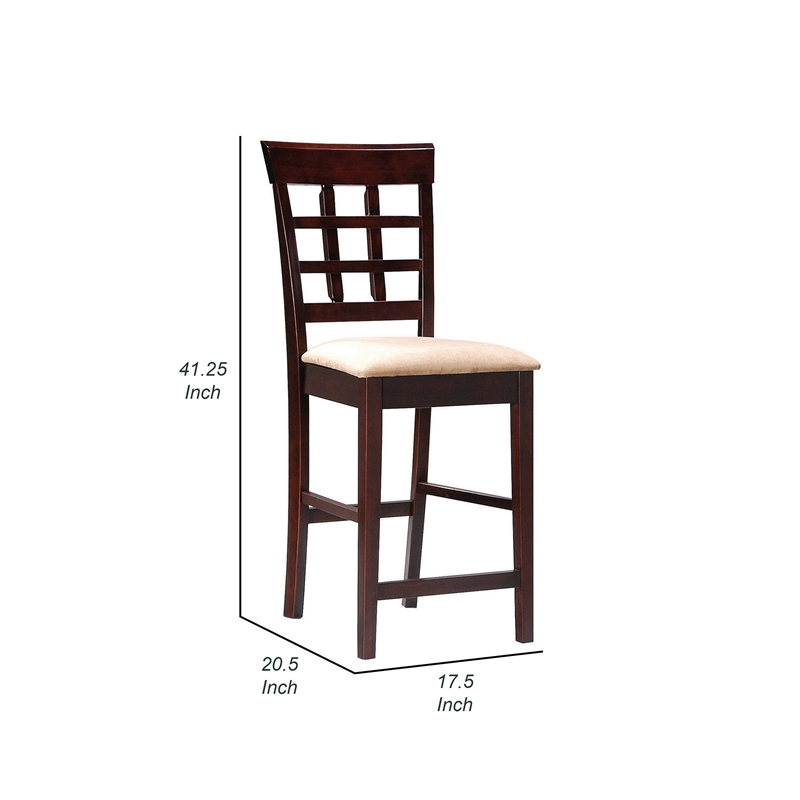 25 Inch Set of 2 Counter Height Stools- Lattice Design Back- Tan Seat- Brown