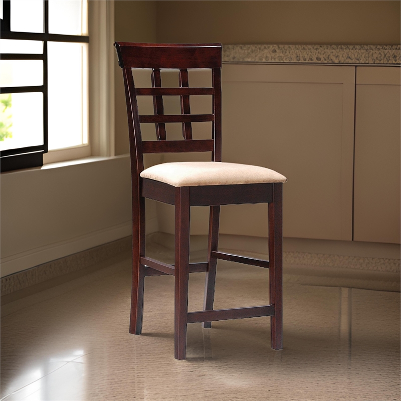 25 Inch Set of 2 Counter Height Stools- Lattice Design Back- Tan Seat- Brown