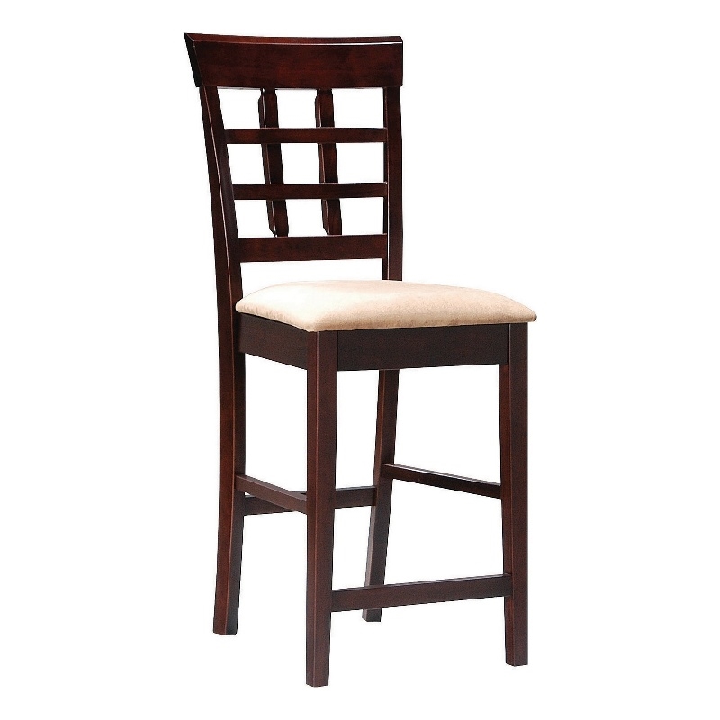 25 Inch Set of 2 Counter Height Stools- Lattice Design Back- Tan Seat- Brown
