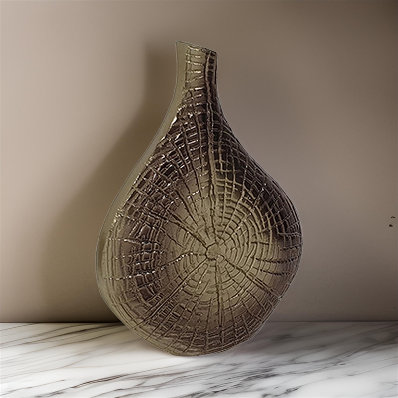 Zelo 11 Inch Decorative Vase- Aluminum- Webbed Design- Bottleneck- Gold