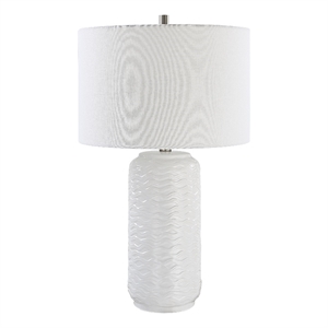27 Inch Ceramic Table Lamp- Wavy Texture- Silver- White
