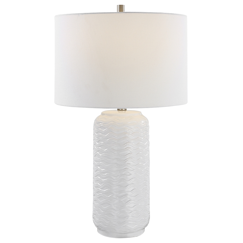 27 Inch Ceramic Table Lamp- Wavy Texture- Silver- White