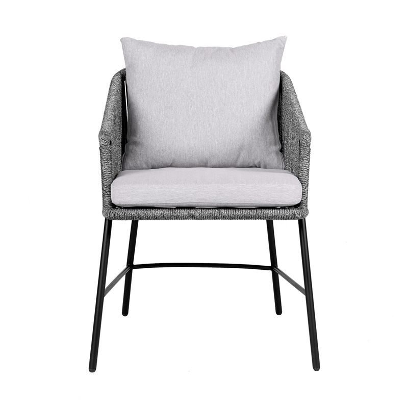 25 Inch Patio Dining Chair- Matte Black Steel Frame- Gray Rope Woven Seat