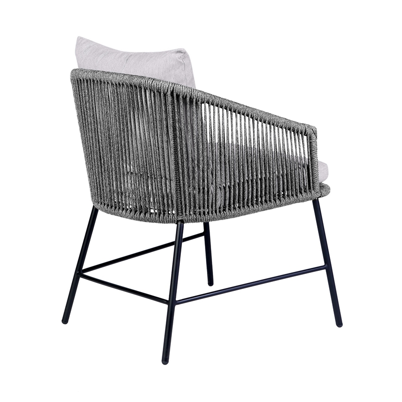 25 Inch Patio Dining Chair- Matte Black Steel Frame- Gray Rope Woven Seat