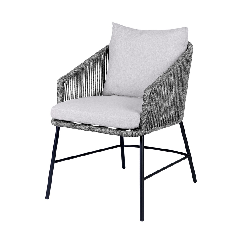 25 Inch Patio Dining Chair- Matte Black Steel Frame- Gray Rope Woven Seat