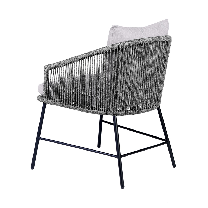25 Inch Patio Dining Chair- Matte Black Steel Frame- Gray Rope Woven Seat