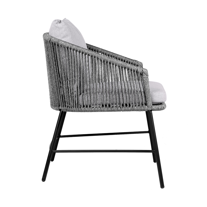 25 Inch Patio Dining Chair- Matte Black Steel Frame- Gray Rope Woven Seat