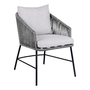 25 Inch Patio Dining Chair- Matte Black Steel Frame- Gray Rope Woven Seat