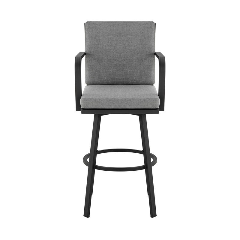 Faye 30 Inch Modern Patio Barstool- Black Aluminum Frame- Gray Cushions