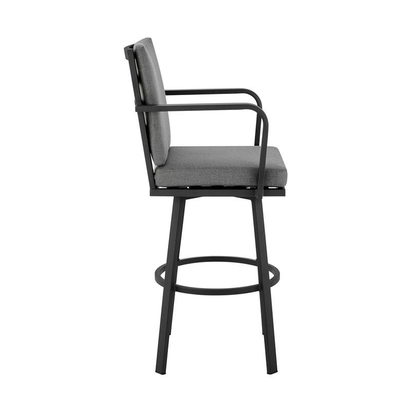 Faye 30 Inch Modern Patio Barstool- Black Aluminum Frame- Gray Cushions