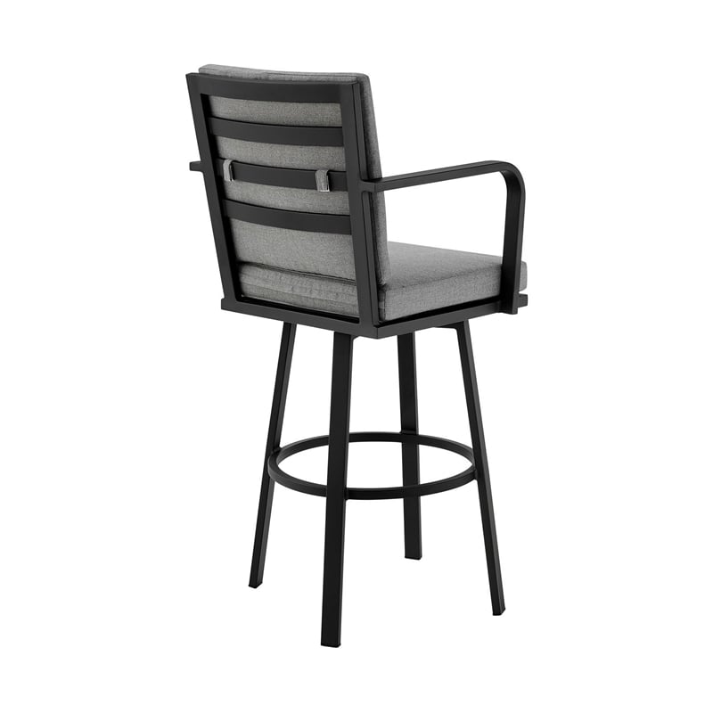 Faye 30 Inch Modern Patio Barstool- Black Aluminum Frame- Gray Cushions