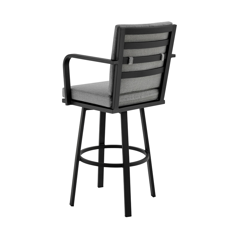 Faye 30 Inch Modern Patio Barstool- Black Aluminum Frame- Gray Cushions