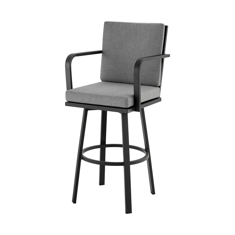 Faye 30 Inch Modern Patio Barstool- Black Aluminum Frame- Gray Cushions