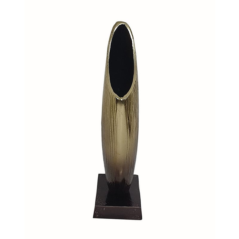 15 Inch Decorative Vase- Aluminum- Vertical Ribbing- Gold and Jet Black