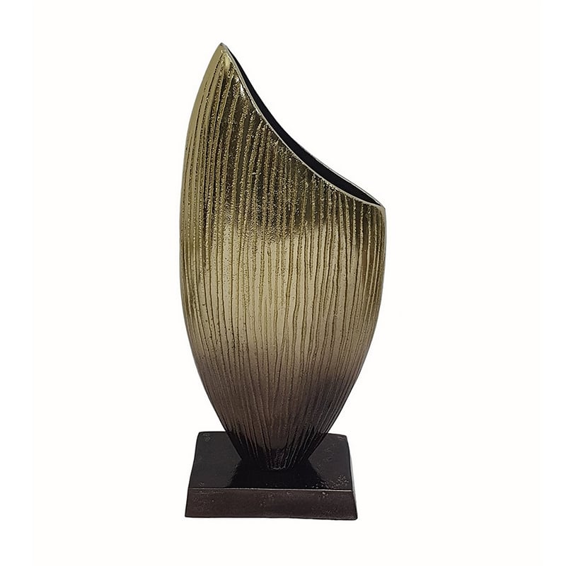 15 Inch Decorative Vase- Aluminum- Vertical Ribbing- Gold and Jet Black