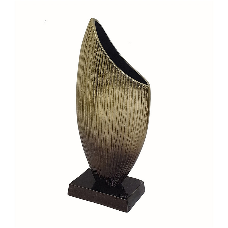 15 Inch Decorative Vase- Aluminum- Vertical Ribbing- Gold and Jet Black