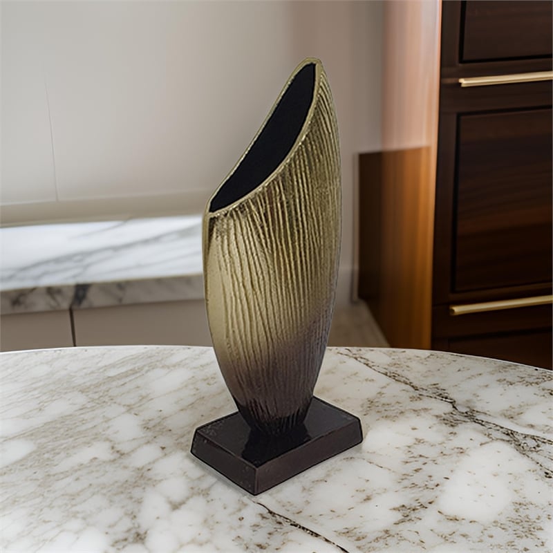 15 Inch Decorative Vase- Aluminum- Vertical Ribbing- Gold and Jet Black